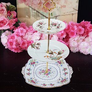 Handmade 3 Tier Stand Mismatched Floral Plates Dessert Tea Party Serving Tray